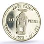 Dominican Republic 10 pesos Pueblo Viejo Mine Taino Sculpture Art Ag coin 1975